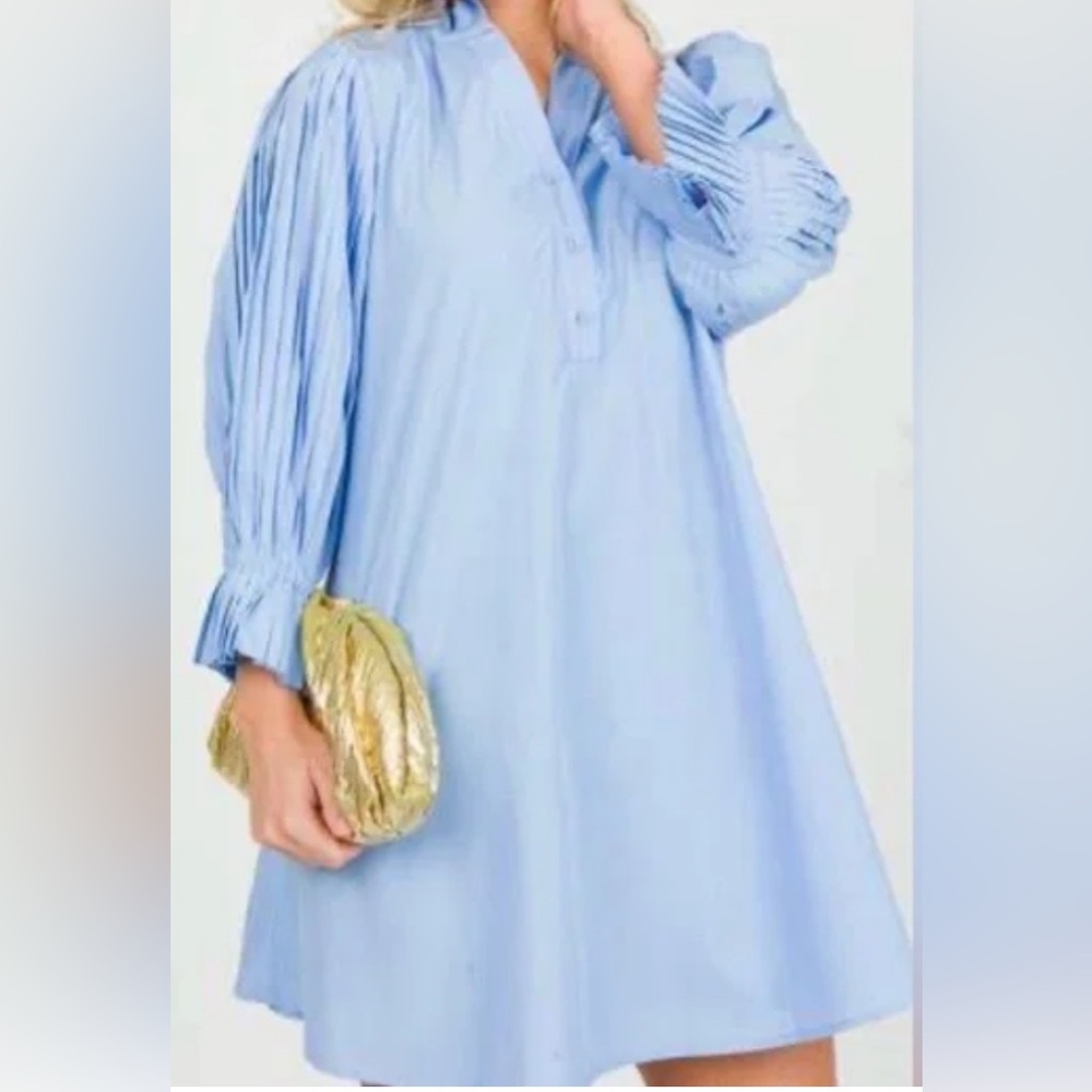 THML Mini Swing Dress Small Icy Baby Blue Poplin Pleated 3/4 Sleeve A Line NWOT - Picture 14 of 15